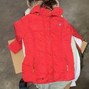 Women’s Winter Hooded Puffer Coat Jacket Faux Fur Long Sleeve Red Size L